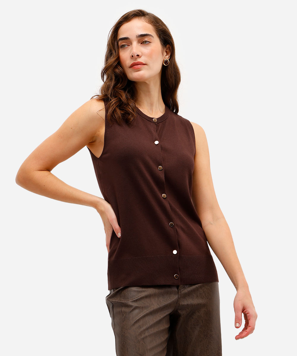 blusa feminina de tricot com botões marrom