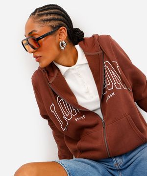 blusão feminino de moletom com zíper london marrom
