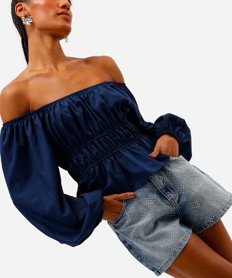 short feminino jeans com brilhos azul