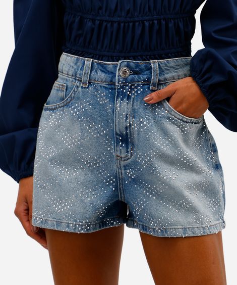 short feminino jeans com brilhos azul