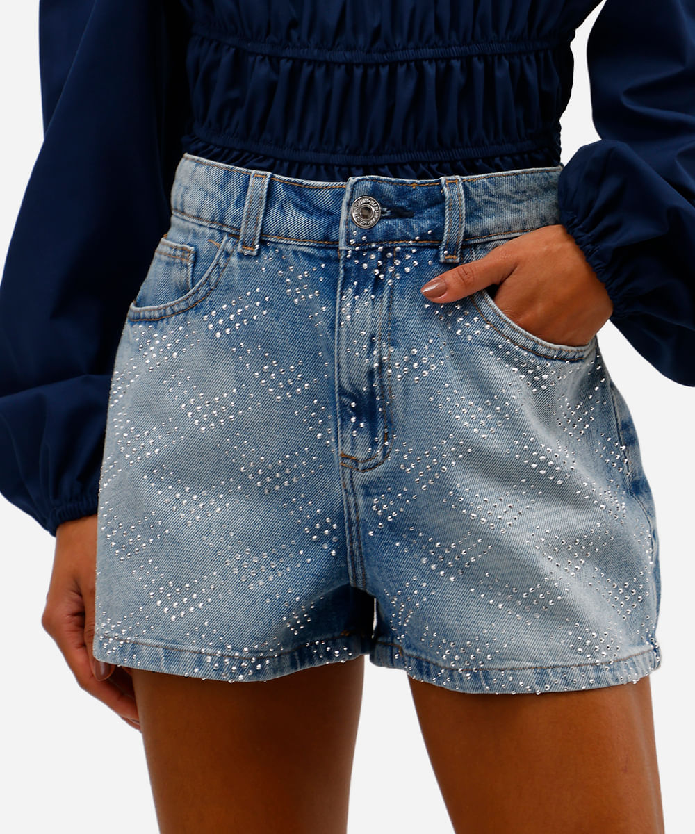 short feminino jeans com brilhos azul