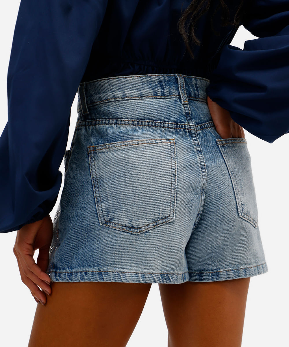 short feminino jeans com brilhos azul