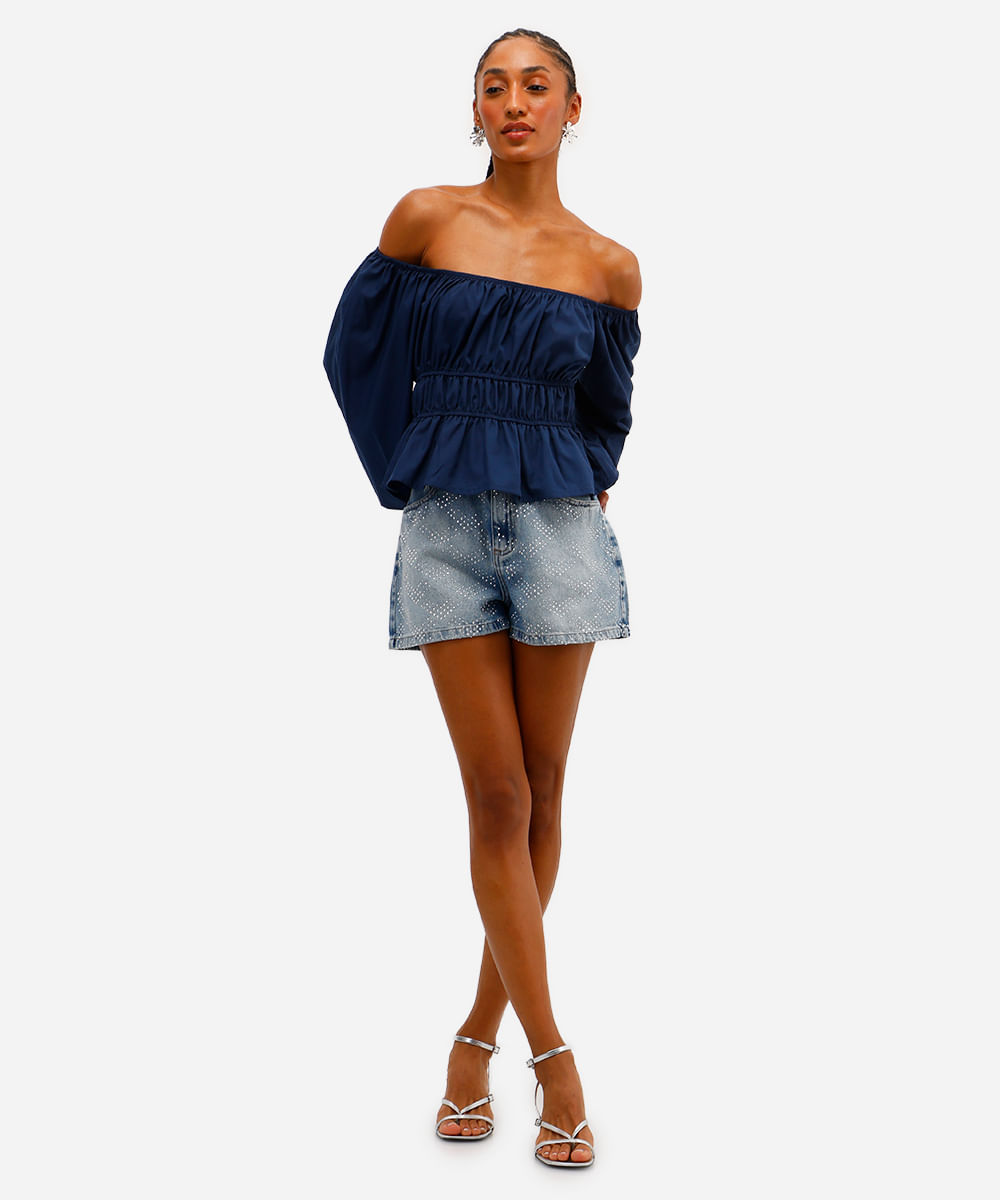 short feminino jeans com brilhos azul