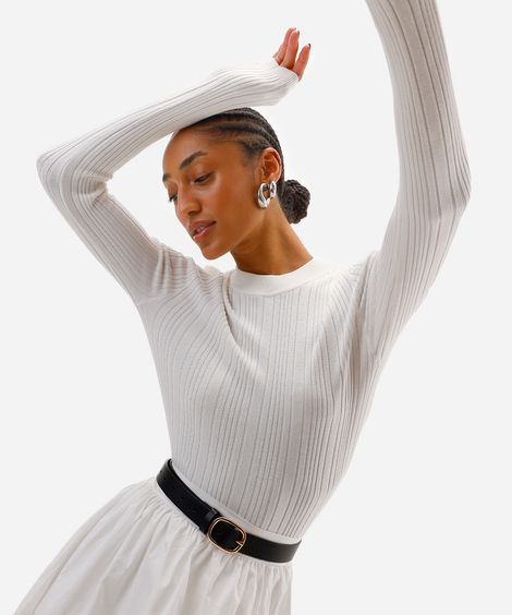 blusa básica feminina de tricot  manga longa canelada off white