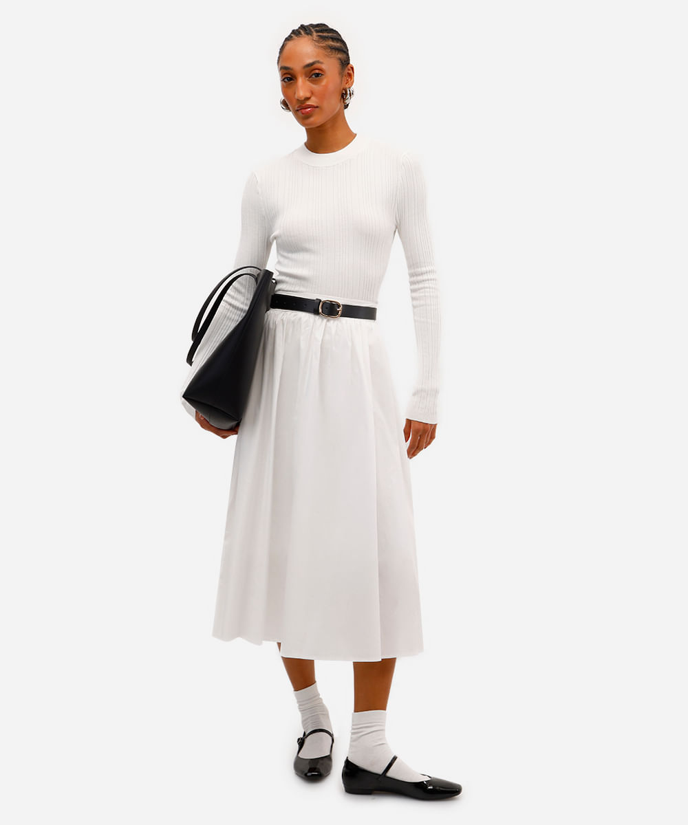 blusa básica feminina de tricot  manga longa canelada off white