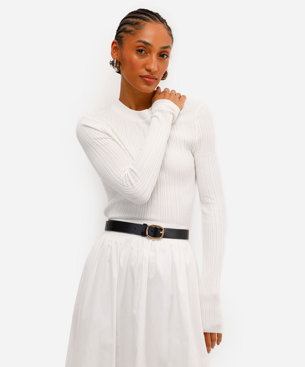 blusa básica feminina de tricot  manga longa canelada off white