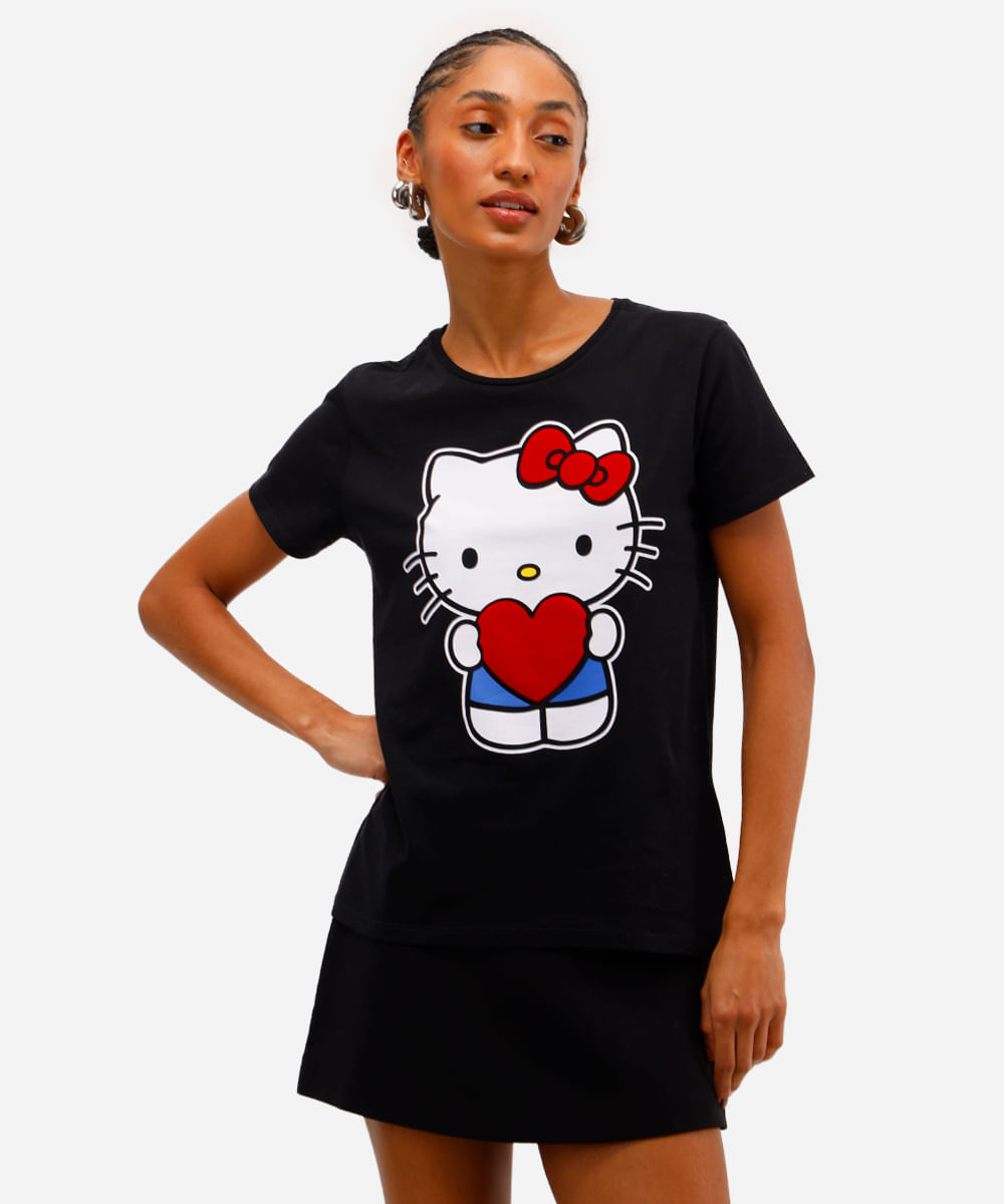camiseta feminina de algodão hello kitty texturizada preta
