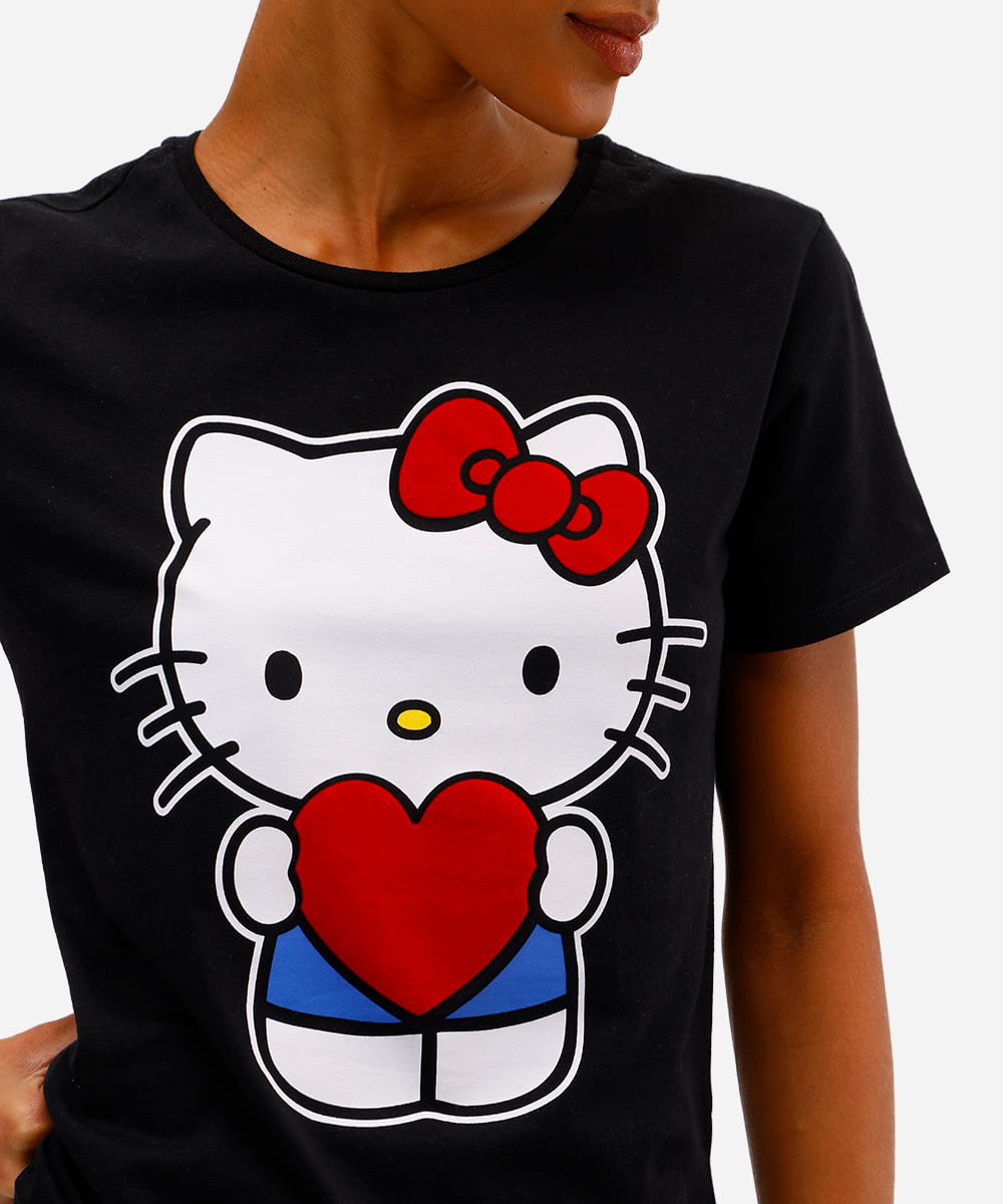 camiseta feminina de algodão hello kitty texturizada preta