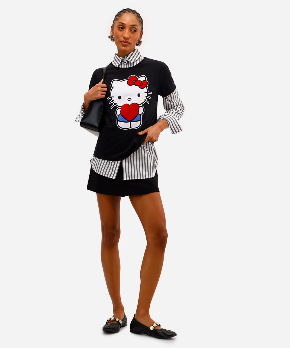 camiseta feminina de algodão hello kitty texturizada preta