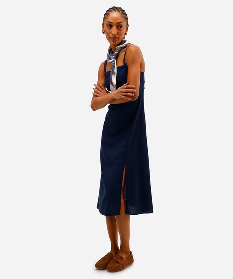 vestido midi feminino com linho decote quadrado azul