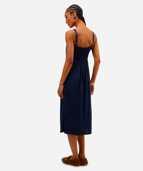 vestido midi feminino com linho decote quadrado azul