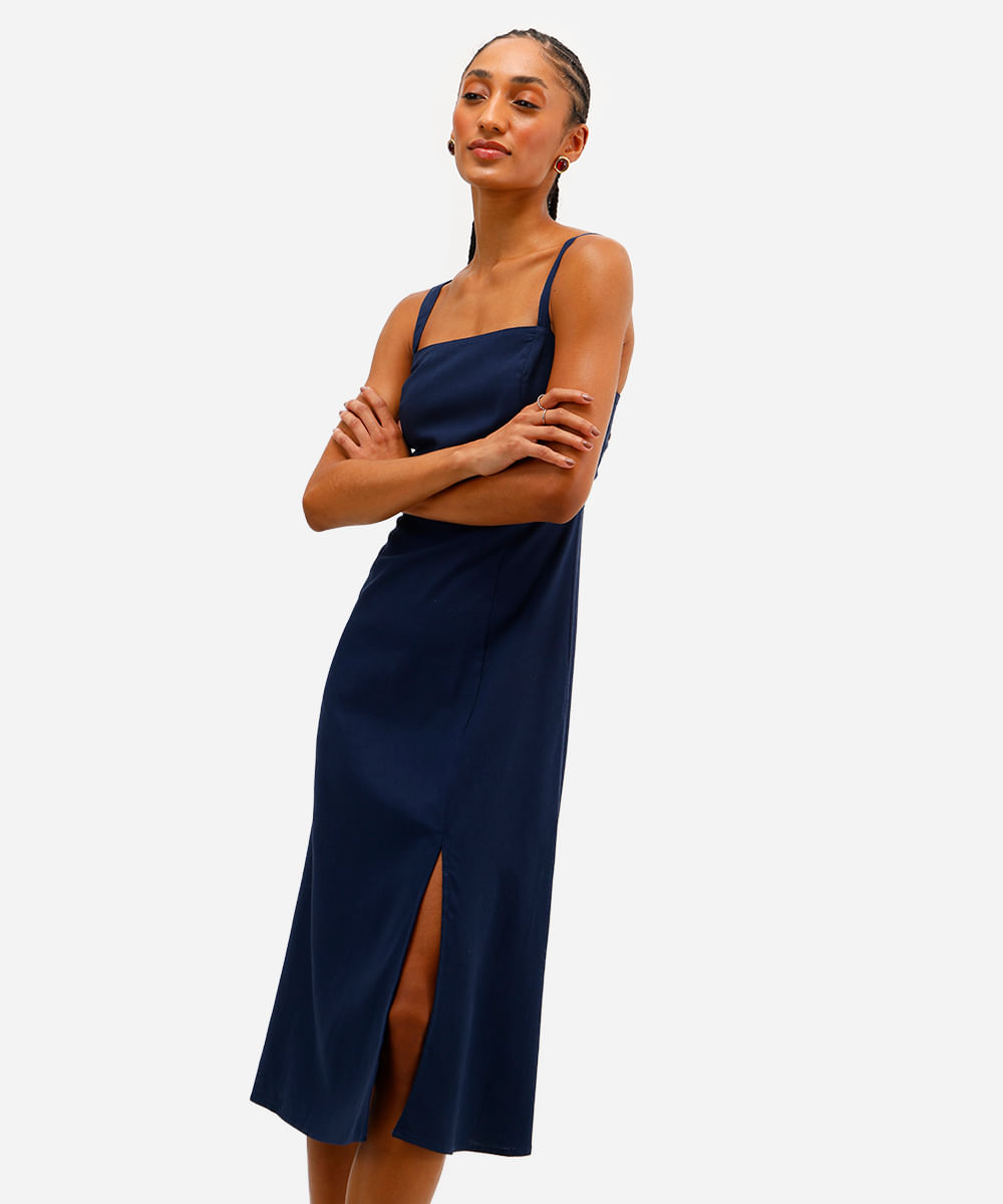 vestido midi feminino com linho decote quadrado azul