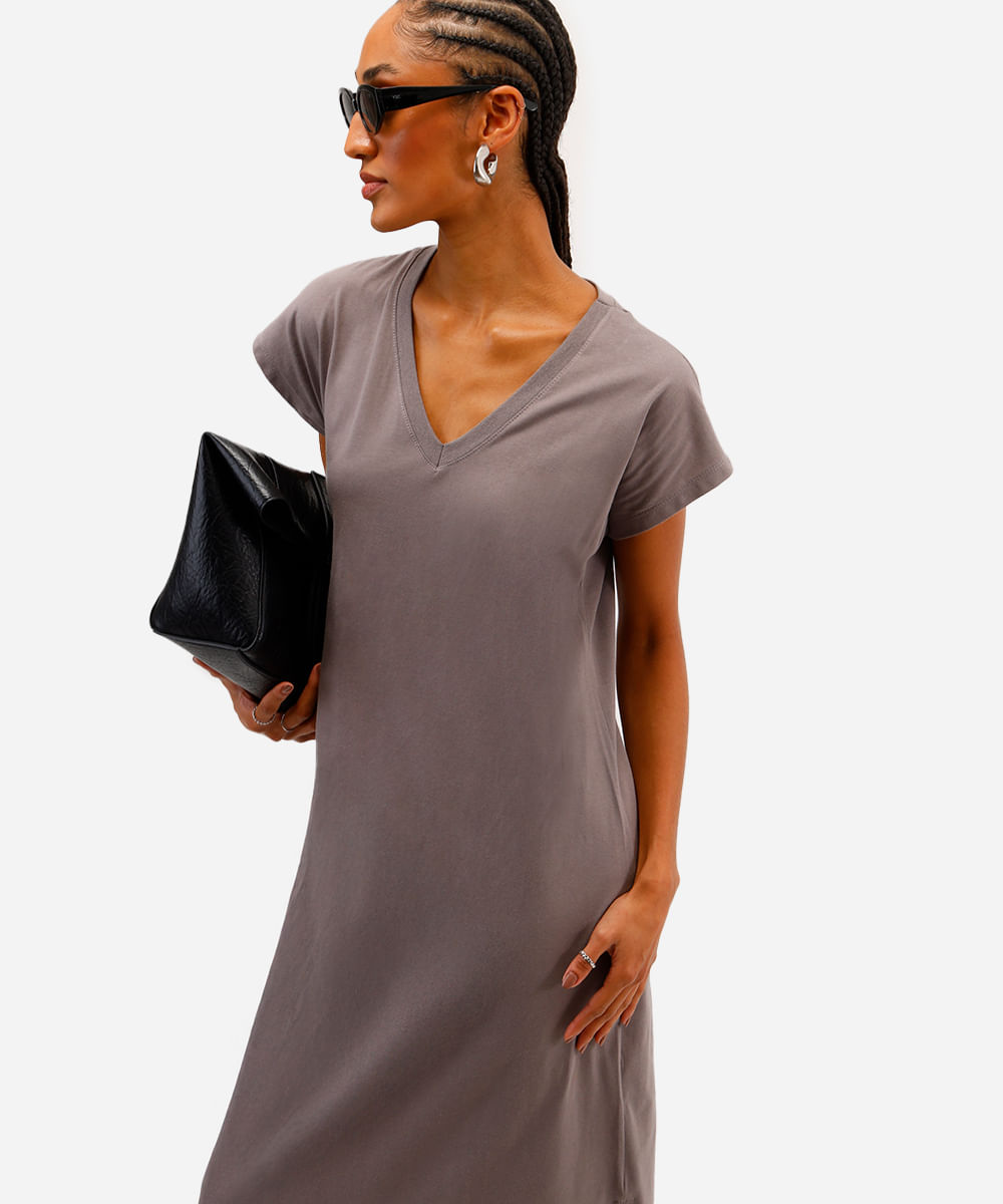 vestido longo feminino de algodão decote v cinza