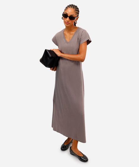 vestido longo feminino de algodão decote v cinza