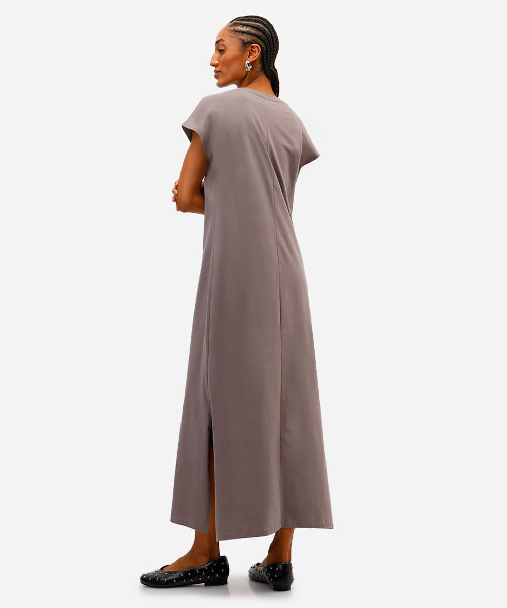 vestido longo feminino de algodão decote v cinza