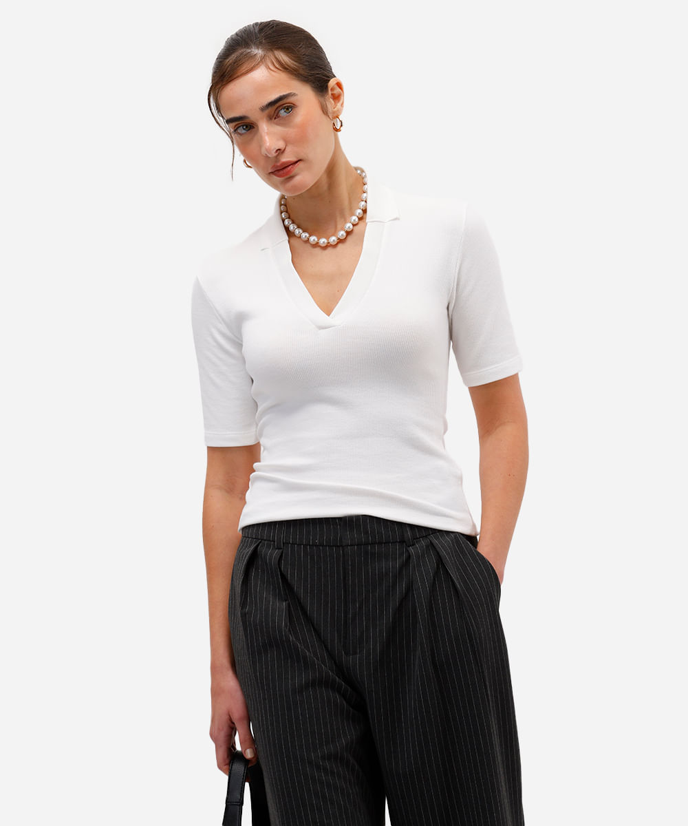 polo feminina de algodão manga curta canelada off white
