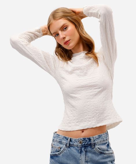blusa feminina manga longa gola alta texturizada off white