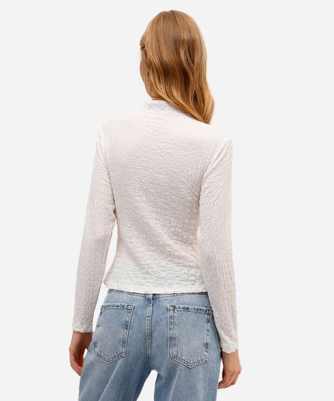 blusa feminina manga longa gola alta texturizada off white
