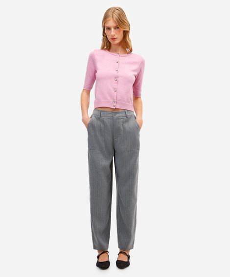 calça feminina de alfaiataria cós elástico risca de giz cinza