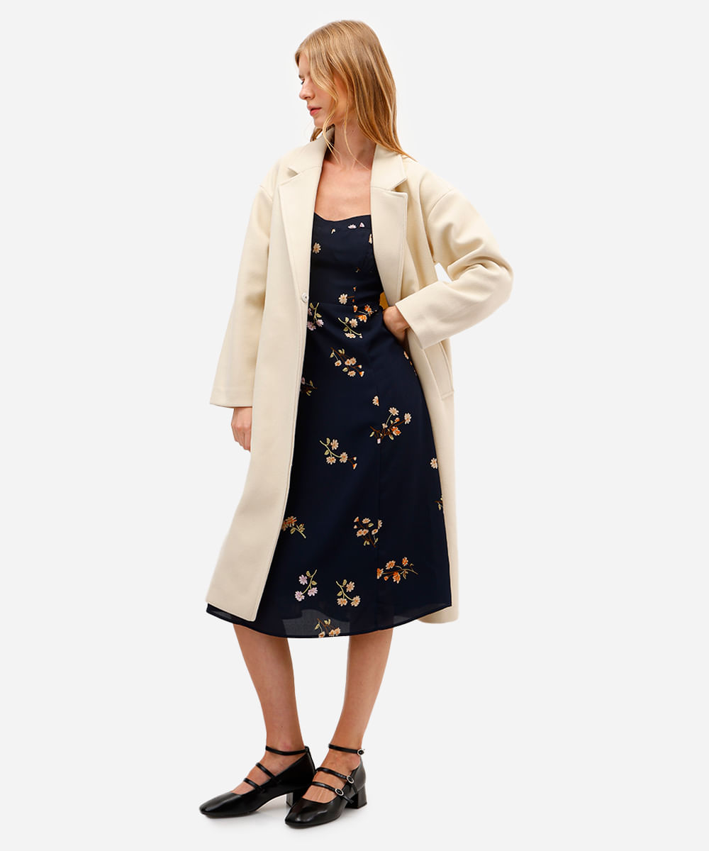 vestido midi feminino decote coração floral azul