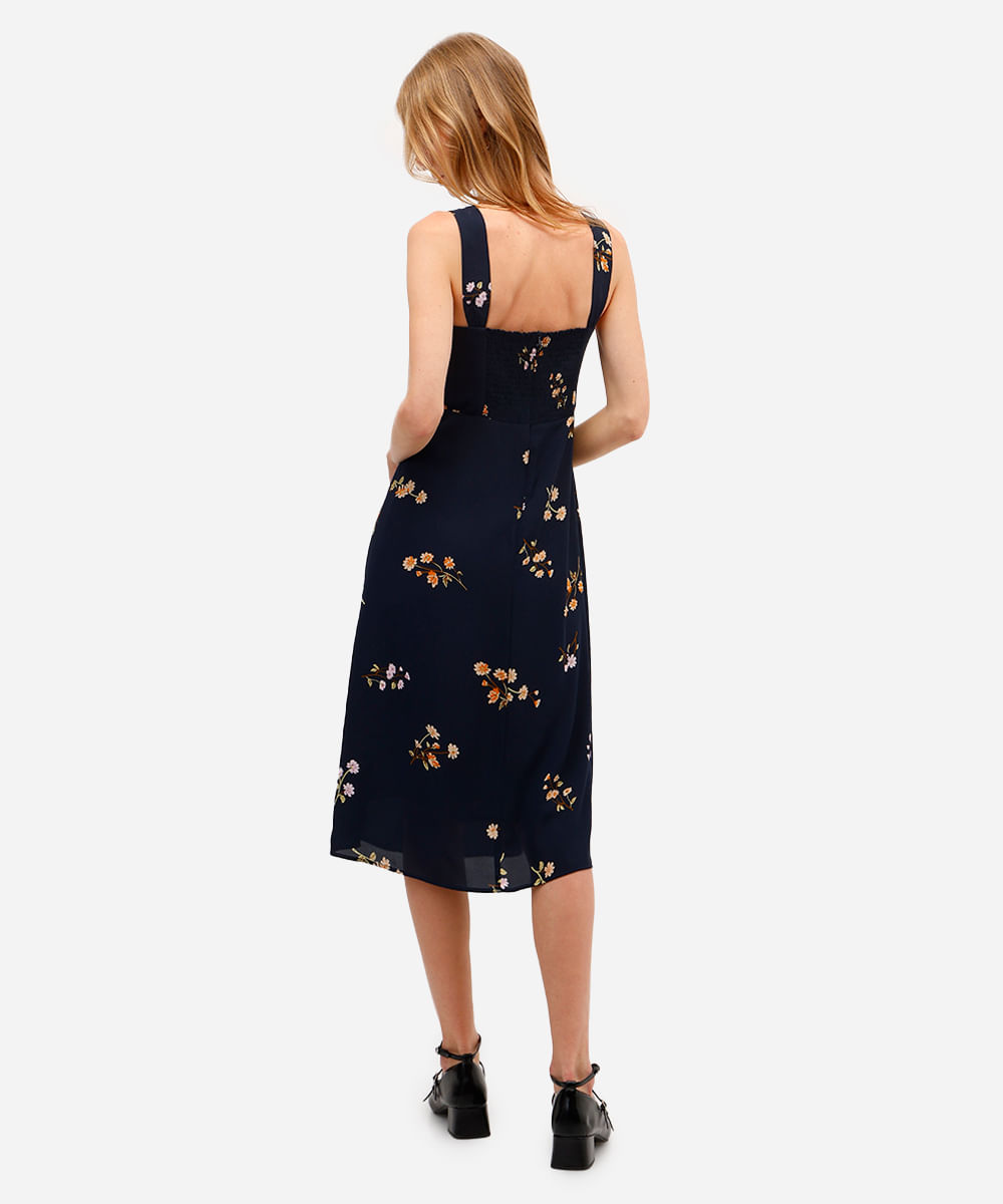 vestido midi feminino decote coração floral azul