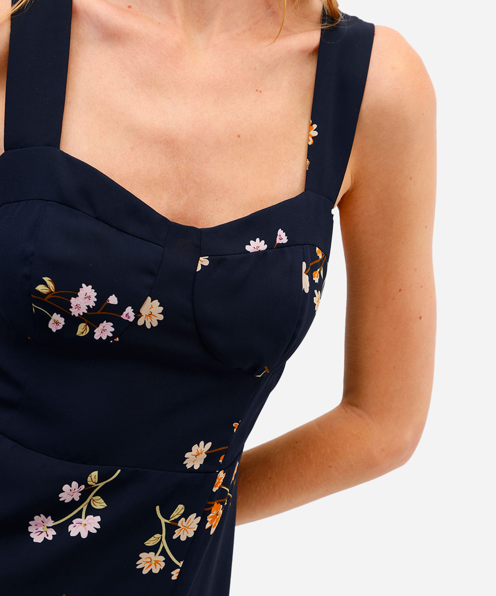 vestido midi feminino decote coração floral azul