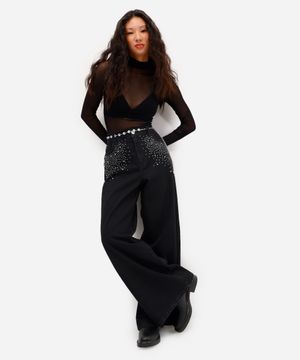 calça wide leg feminina jeans com brilhos preta