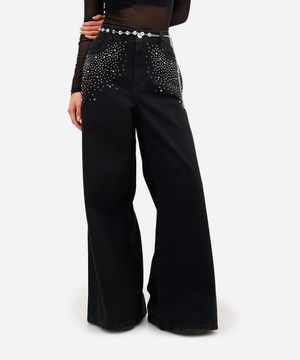 calça wide leg feminina jeans com brilhos preta