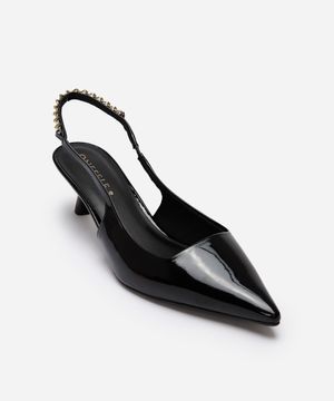 scarpin bico fino corrente salto baixo oneself preto