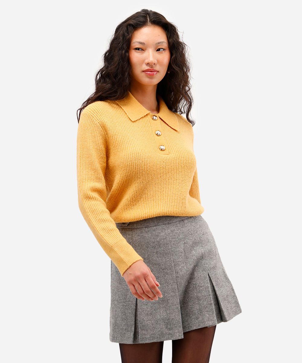 suéter feminino de tricot com gola manga longa amarelo