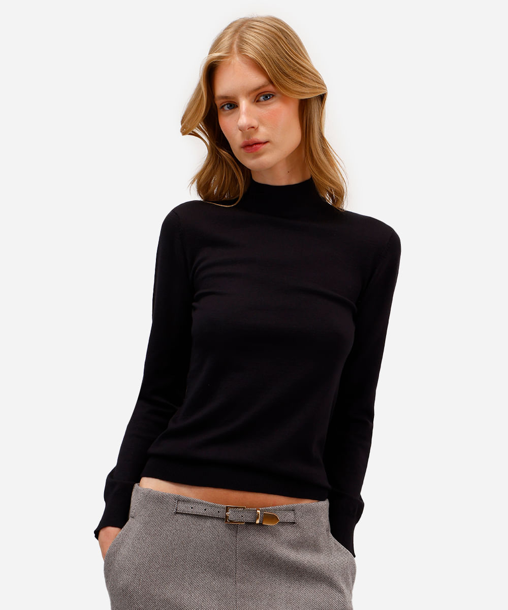 blusa feminina de tricot manga longa gola alta preta