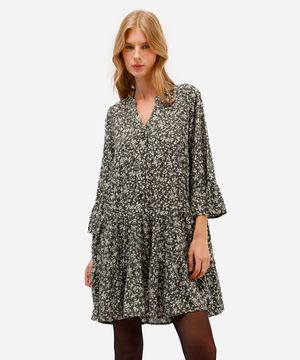 vestido curto de viscose com babados floral verde