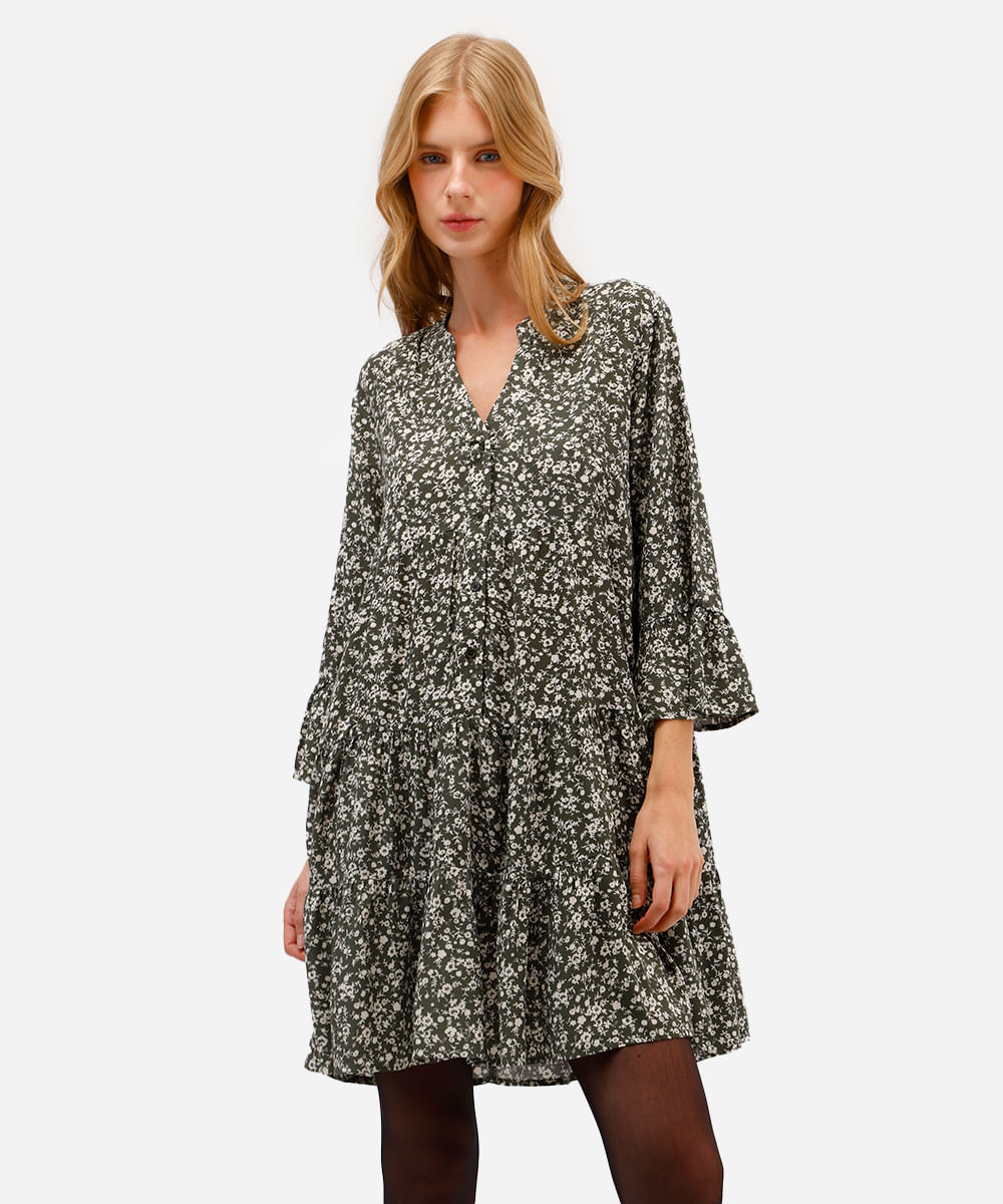 vestido curto de viscose com babados floral verde