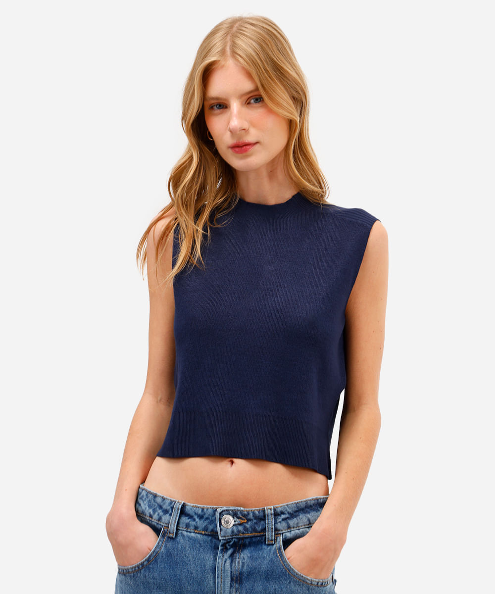 regata feminina de tricot gola alta azul
