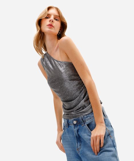 blusa ombro único feminina texturizada metalizada prateada