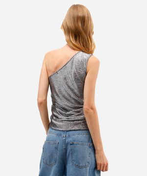 blusa ombro único feminina texturizada metalizada prateada