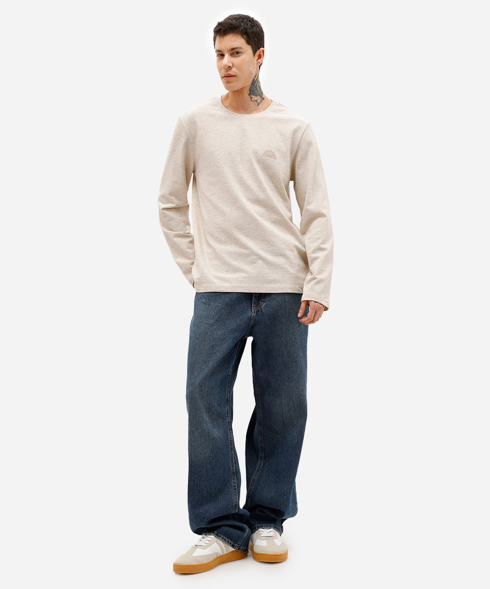 camiseta masculina manga longa texturizada bege