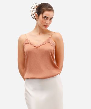 blusa feminina alça fina com renda texturizada bege