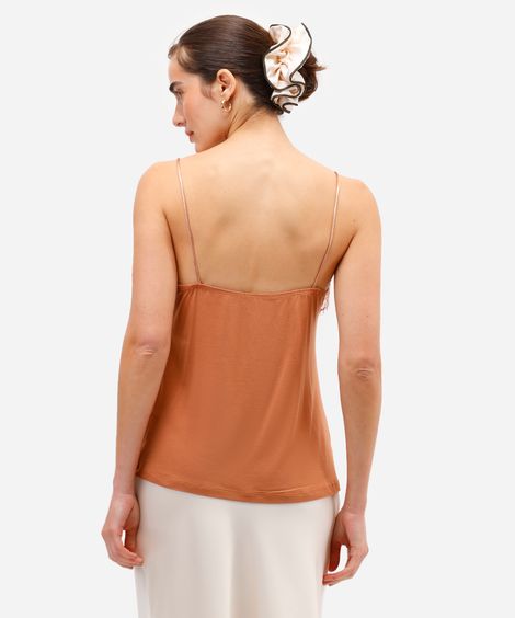 blusa feminina alça fina com renda texturizada bege