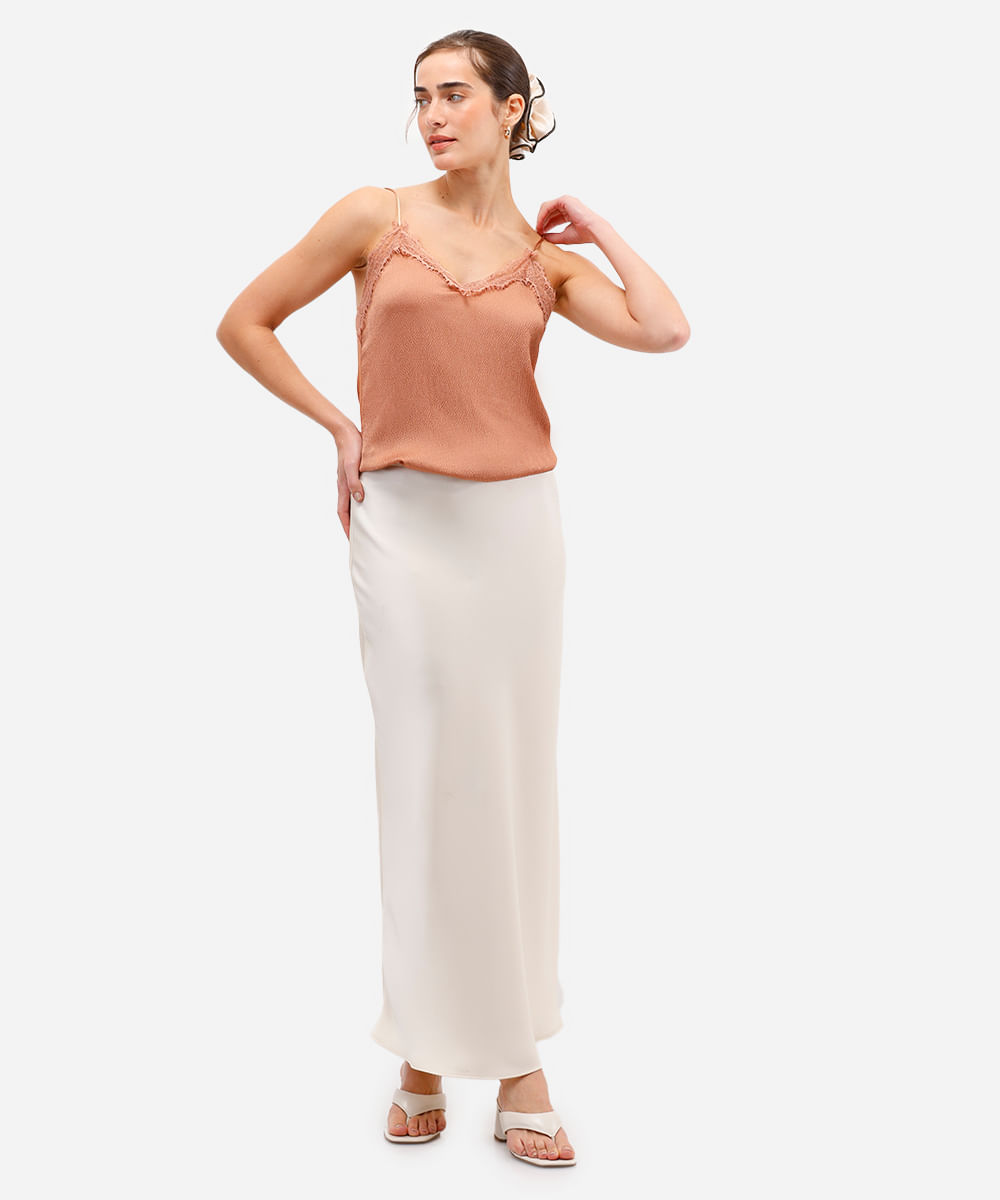 blusa feminina alça fina com renda texturizada bege