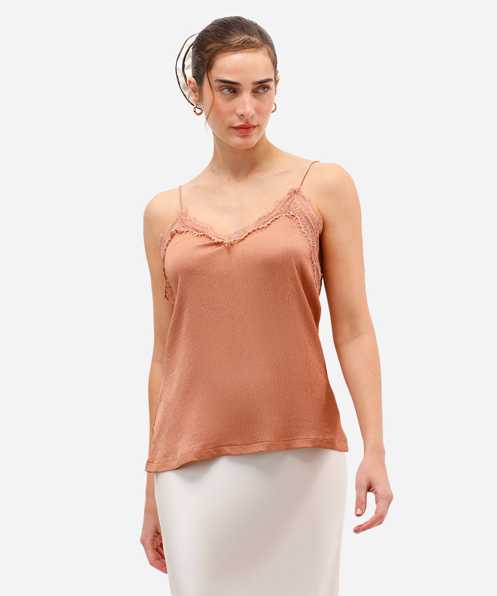 blusa feminina alça fina com renda texturizada bege