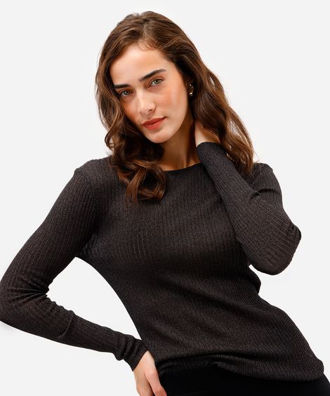 suéter feminino de tricot com lurex canelado preto