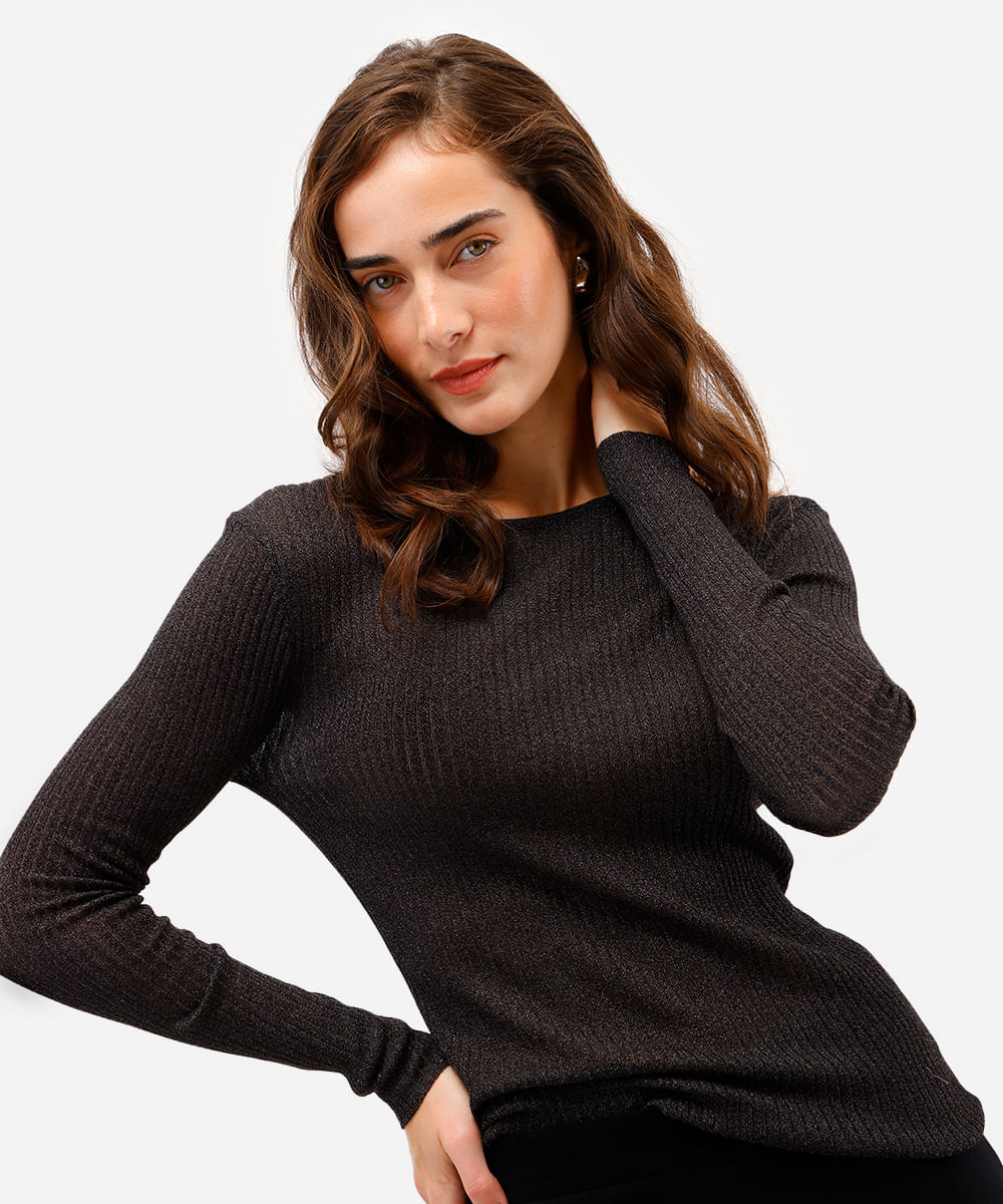 suéter feminino de tricot com lurex canelado preto