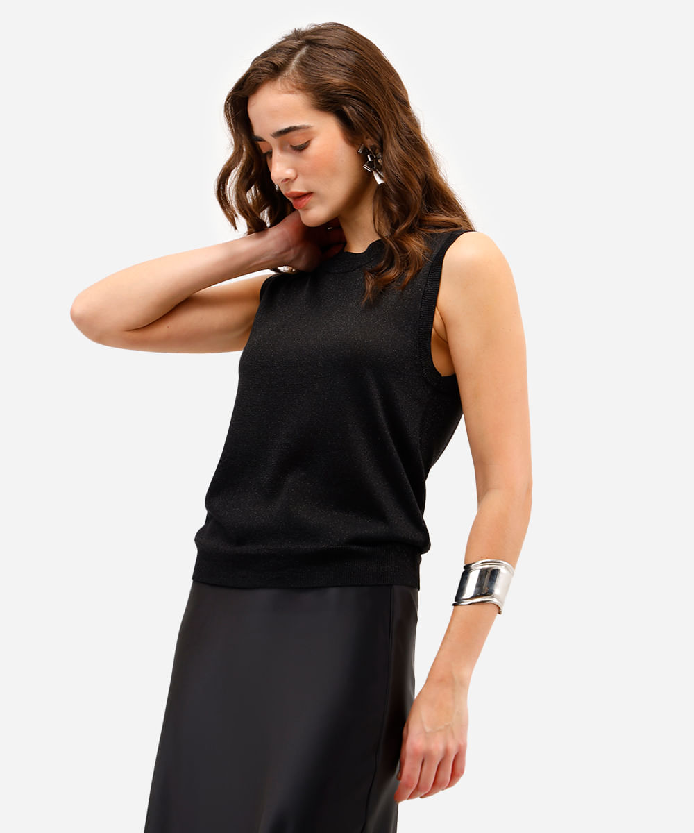 regata feminina de tricot com lurex preta