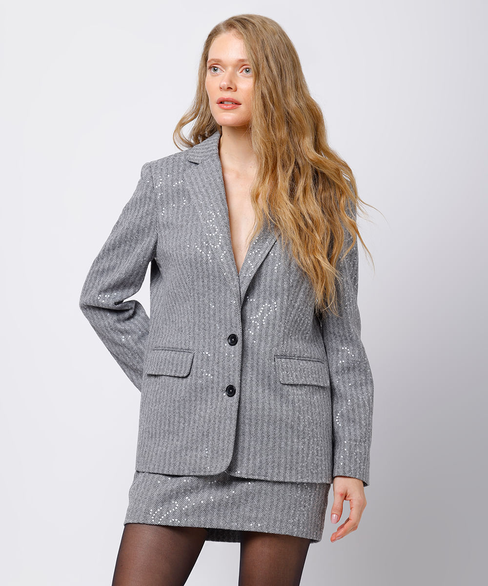 blazer de alfaiataria feminino chevron com paetê mindset cinza