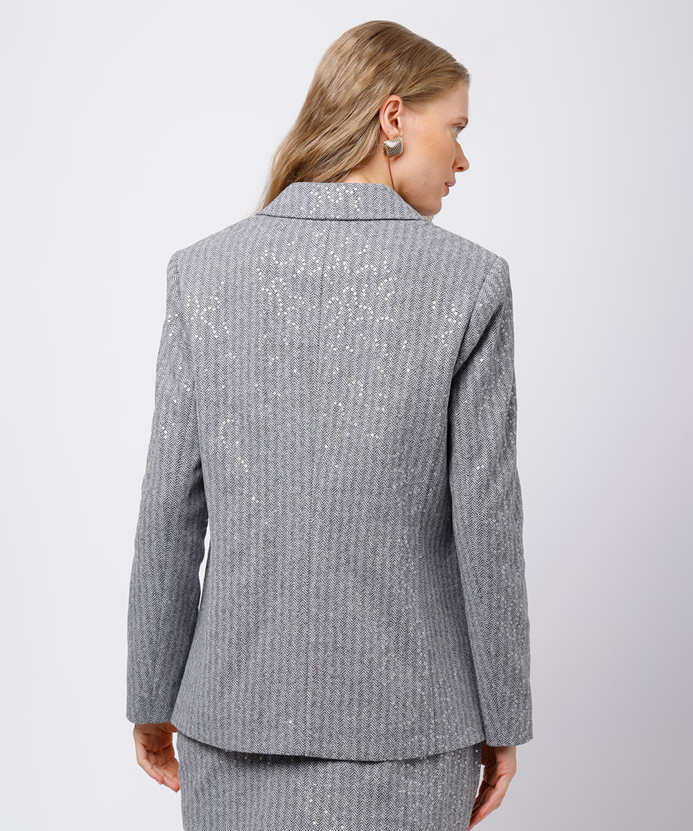 blazer de alfaiataria feminino chevron com paetê mindset cinza