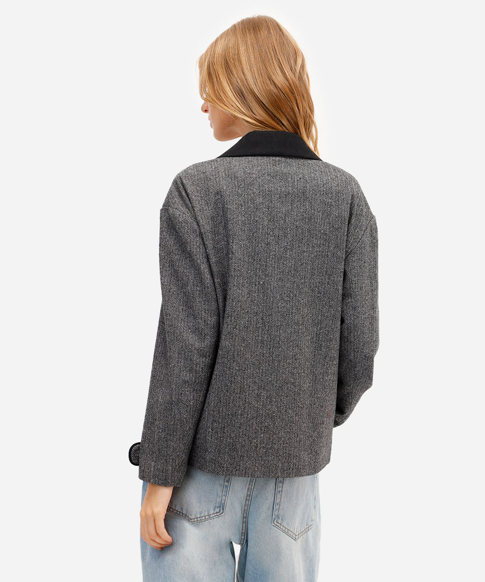 casaco feminino com lã chevron cinza