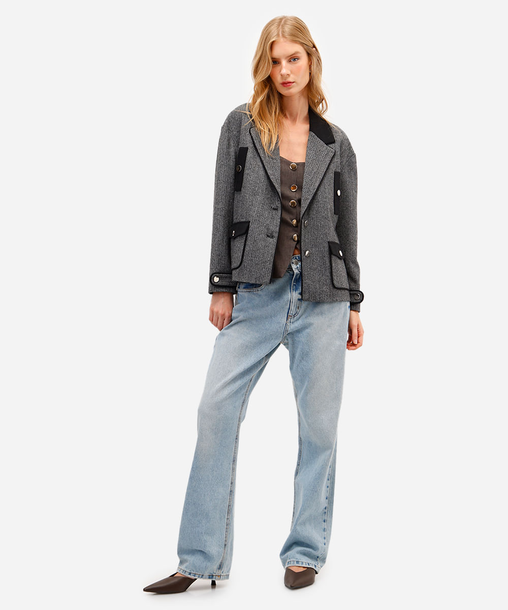 casaco feminino com lã chevron cinza