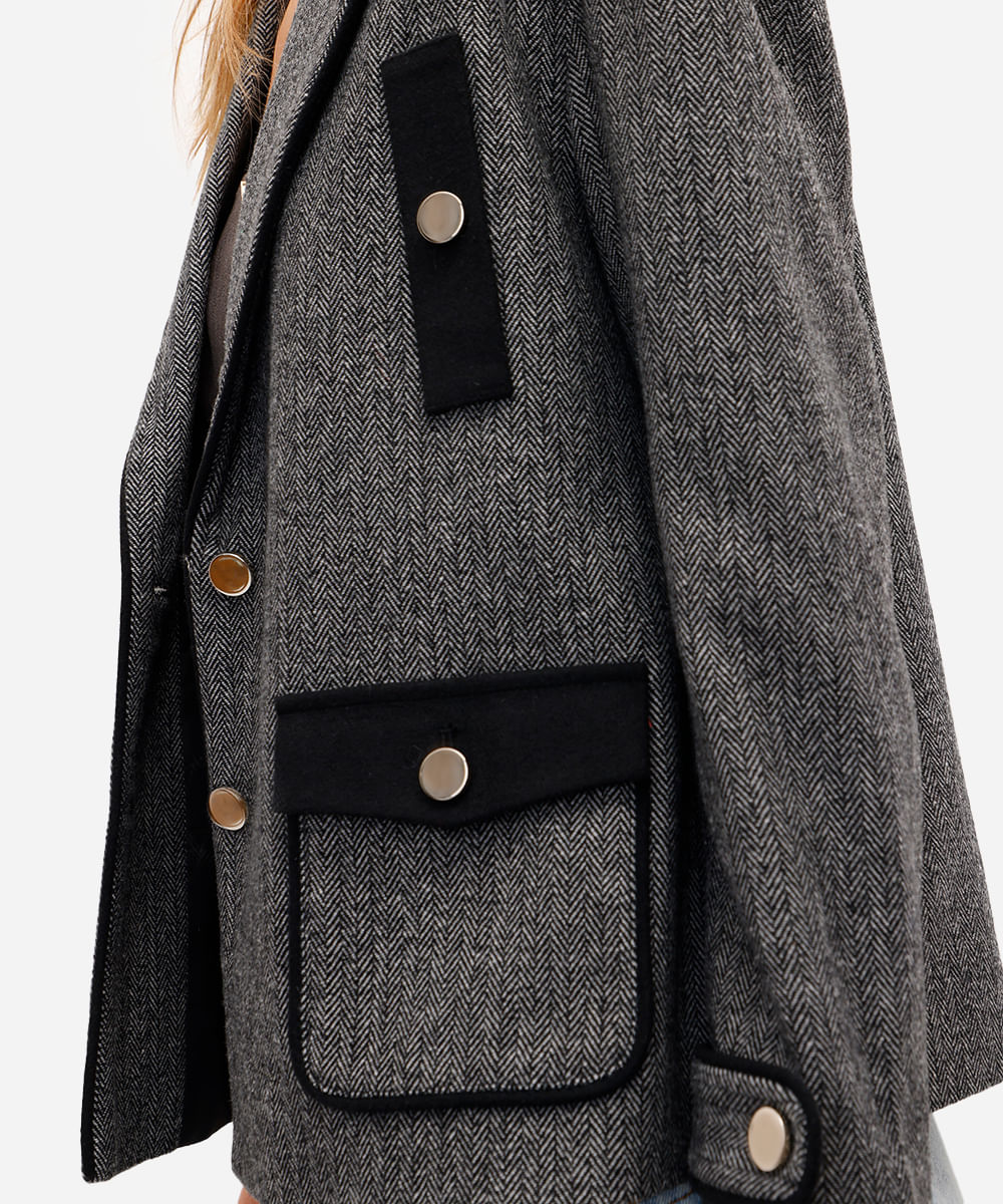 casaco feminino com lã chevron cinza