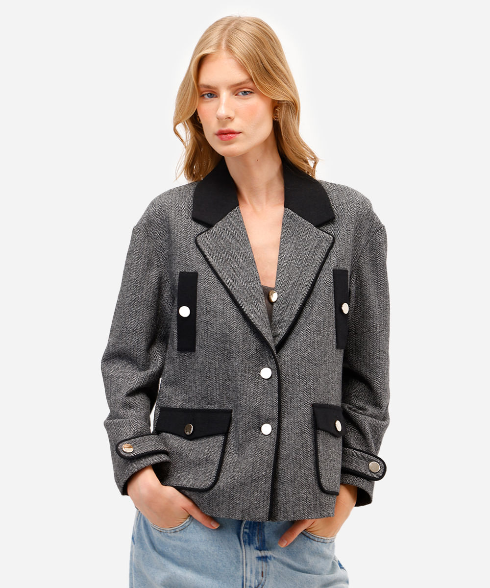 casaco feminino com lã chevron cinza